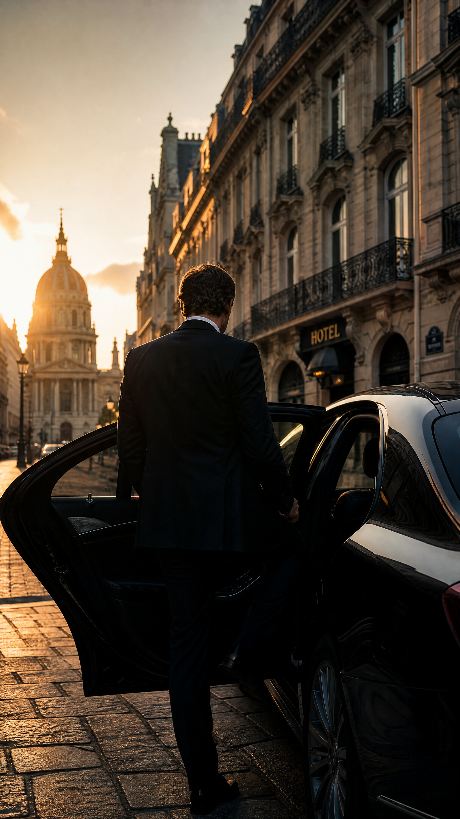 Stepping into a car at dawn